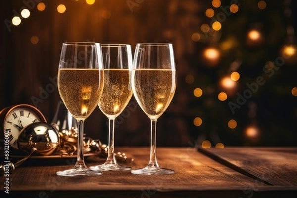 Fototapeta New Year's Cheers: Midnight Toast with Sparkling Lights, generative AI