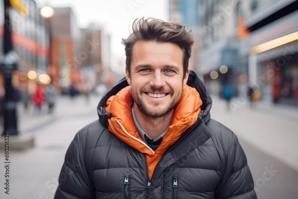 Fototapeta Portrait of a happy man in his 30s donning a durable down jacket against a bustling city street background. AI Generation