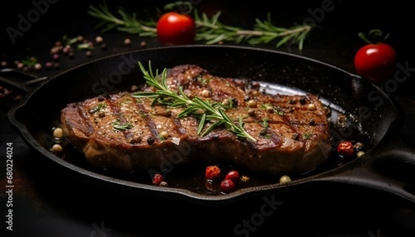 Obraz Grilled beef steak with vegetables in a pan on a black background, Grilled beef steak with spices,  Generative AI