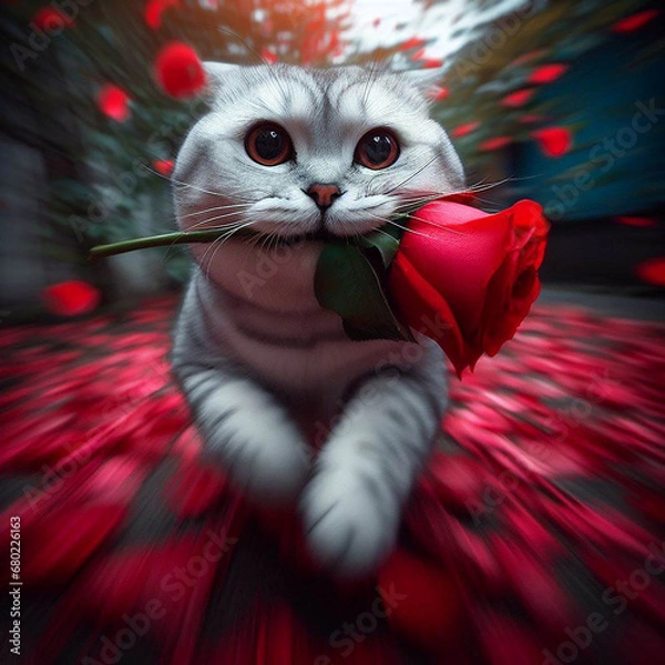 Obraz A cute cat running with a rose