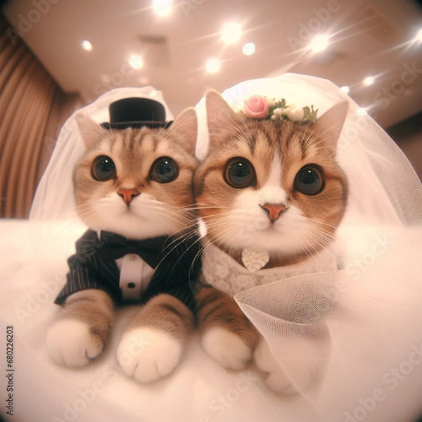 Obraz A very cute cat wedding couple