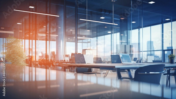 Obraz Beautiful blurred background of a light modern business office interior with panoramic windows and bright lighting	