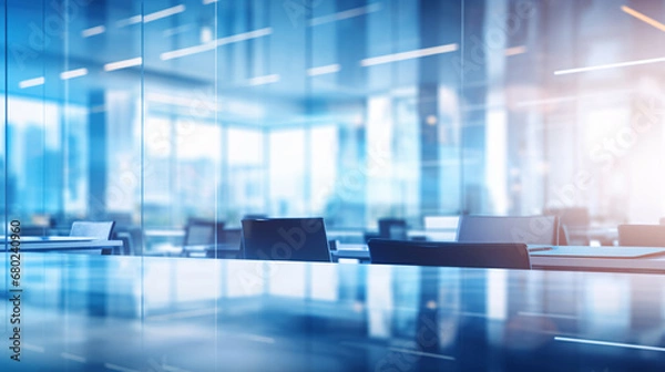 Obraz Beautiful blurred background of a light modern business office interior with panoramic windows and bright lighting	