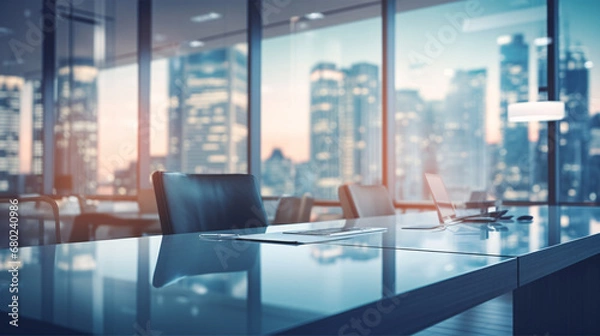 Obraz Beautiful blurred background of a light modern business office interior with panoramic windows and bright lighting	