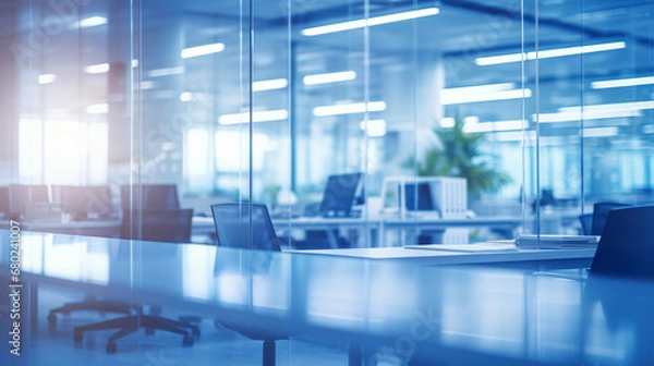 Obraz Beautiful blurred background of a light modern business office interior with panoramic windows and bright lighting	