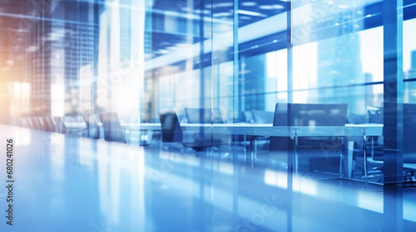 Obraz Beautiful blurred background of a light modern business office interior with panoramic windows and bright lighting	