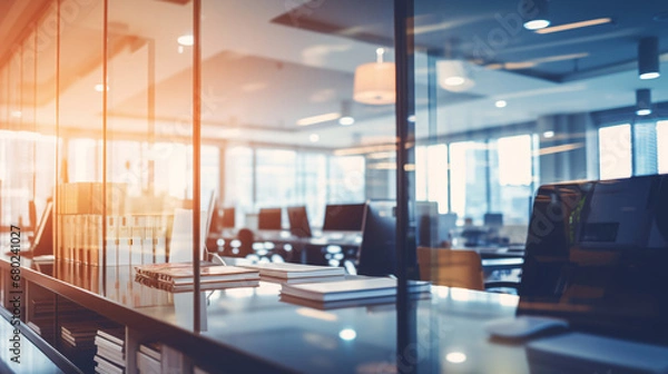 Obraz Beautiful blurred background of a light modern business office interior with panoramic windows and bright lighting	
