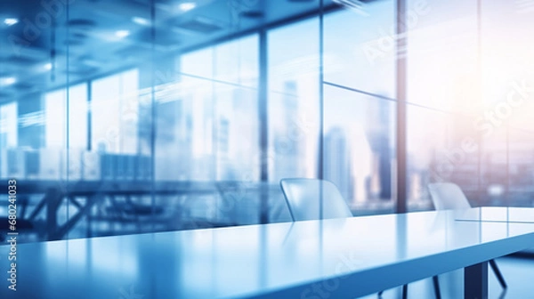 Obraz Beautiful blurred background of a light modern business office interior with panoramic windows and bright lighting	
