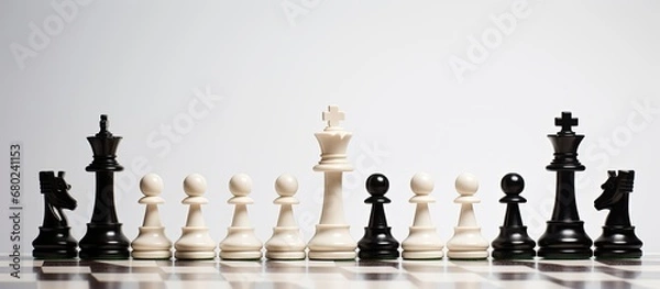 Fototapeta In a strategic battle on a chessboard, the white and black pieces stood tall, ready to compete in a game of wits; the king and queen being the strategic choices, while the knight made its move through
