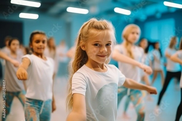 Fototapeta Portrait of smiling children of 7-13 years old enjoying modern dancing in a dance studio