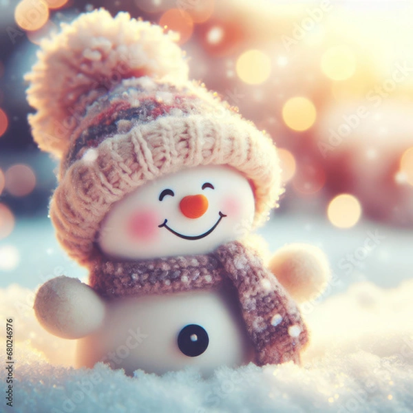 Fototapeta Winter holiday christmas background banner. Closeup of cute funny laughing snowman with wool hat and scarf. ai generative