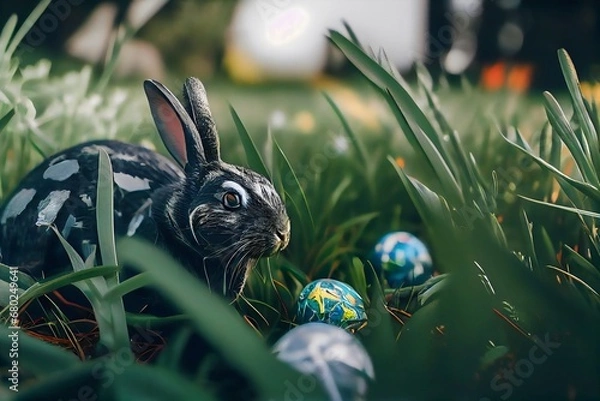 Obraz easter bunny and easter eggs in grass. Generative AI.