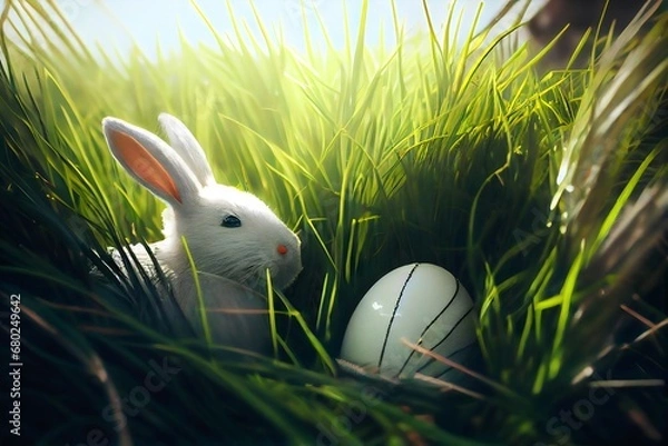 Obraz easter bunny and easter eggs in grass. Generative AI.