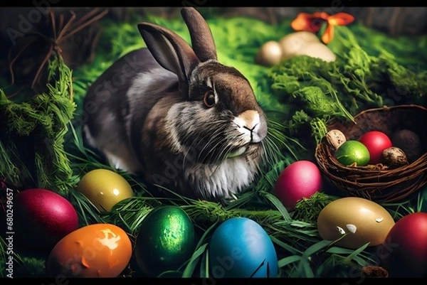 Obraz easter bunny and easter eggs in grass. Generative AI.