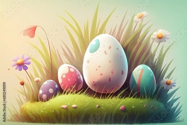 Obraz easter eggs in grass. Pastel color. Generative AI.