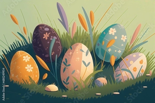 Obraz easter eggs in grass. Colored illustration. Generative AI.