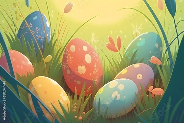 Obraz easter eggs in grass. Colored illustration. Generative AI.