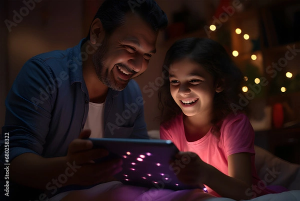 Fototapeta an adult looking at an ipad screen while a young girl ai generative