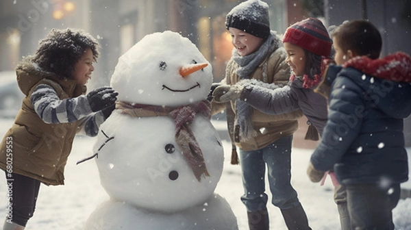 Obraz children building a  snowman
