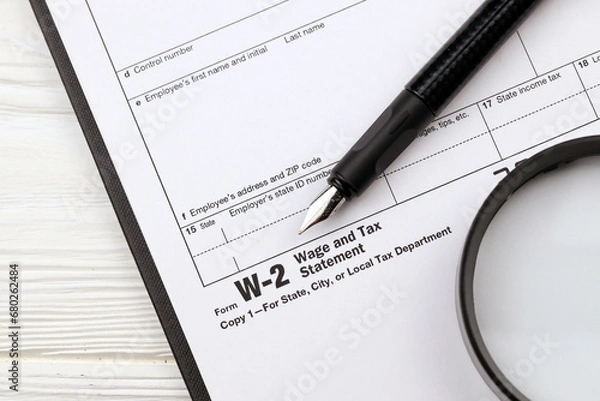 Fototapeta IRS Form W-2 Wage and Tax Statement blank on A4 tablet lies on office table with pen and magnifying glass close up