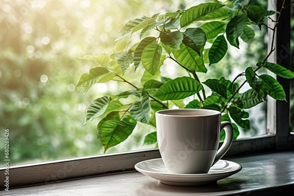 Fototapeta  a cup of coffee sitting on a saucer next to a window sill with a green plant in it.