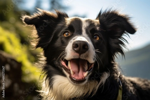 Fototapeta Headshot portrait photography of a smiling border collie sticking head out of a car window against natural arches and bridges background. With generative AI technology