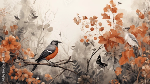 Fototapeta Autumn Flora and Fauna Background in Neutral Grays and Orange 16:9 Aspect Ratio)