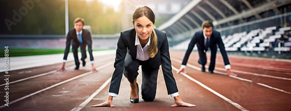 Fototapeta Young businesswoman on a treadmill at the stadium ready to start of competition. Office workers vie for promotion at work. Race for first place, leadership concept.