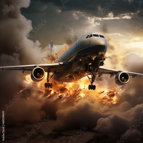 Fototapeta Airplane with a Burning Engine Concept of Disaster