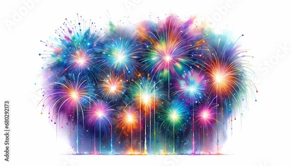 Obraz watercolor Aquarell  fireworks colorful on white background card new year 