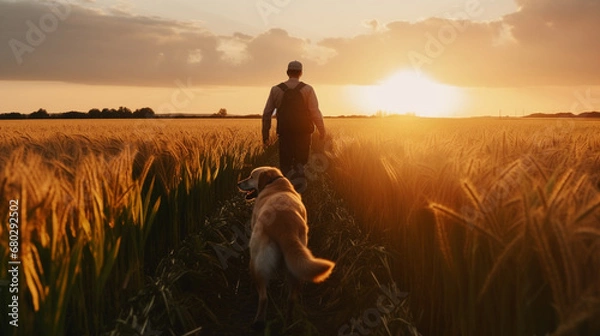 Fototapeta A farmer walks through a cornfield with his dog. AI Generated