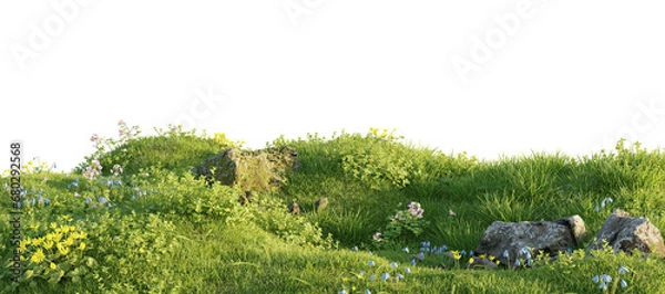 Fototapeta Verdant Hill Blooming with Yellow Flowers in Spring. 3D render.