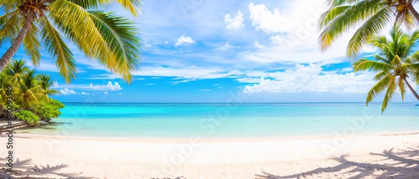 Fototapeta Paradise beach of a tropical island, palm trees, white sand, azure water. Famous stone beach in the Seychelles. Generative AI.