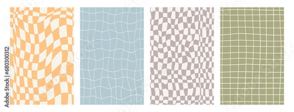 Fototapeta Set abstract groovy 70s seamless patterns. Checkerboard or pool hippie backgrounds. Y2k aesthetic. Vector texture.