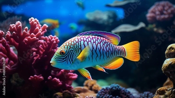 Obraz A close-up of a colorful tropical fish swimming in a coral reef