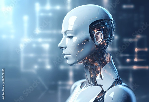 Fototapeta 3D humanoid AI robot metaverse cyberspace digital