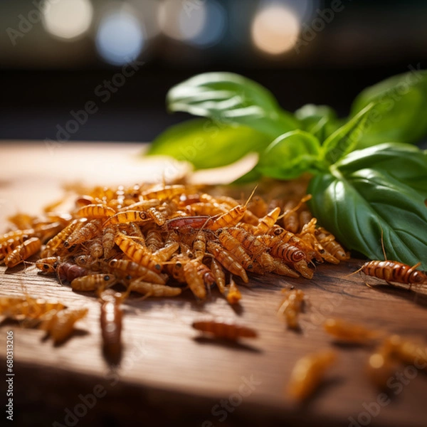 Fototapeta Eatable worms on wooden table with basil Sustainable protein