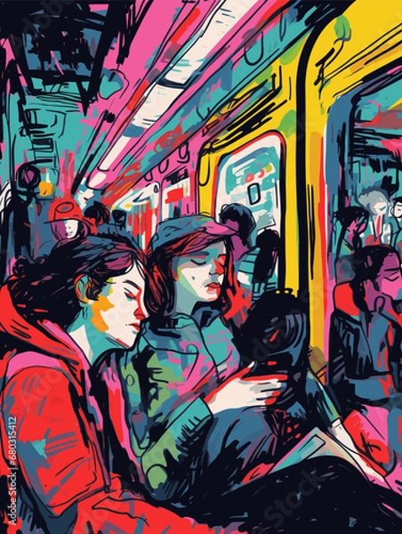 Fototapeta A Group Of People On A Train - in the subway train