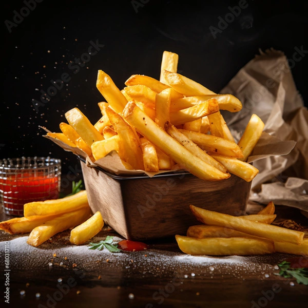 Obraz French fries in the basket or bowl. Fried Potatoes with salt and Ketchup. created with Generative AI 
