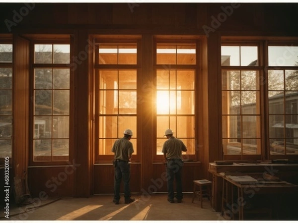 Fototapeta The process of installing windows in a new house. Builders building a new wooden house. Workers are installing a large panoramic window