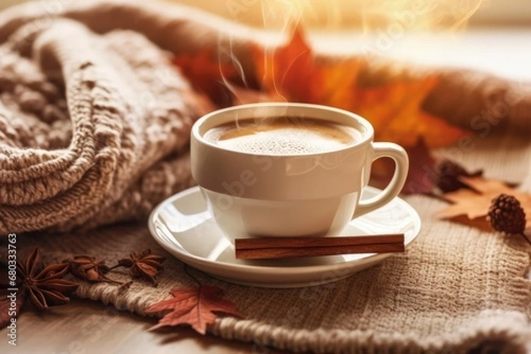 Obraz Cozy Autumn Vibes: Steaming Pumpkin Spice Latte with Warm Blanket and Fall Leaves