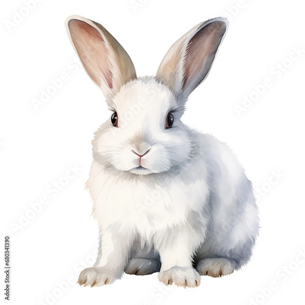 Fototapeta Watercolor White Bunny Rabbit in Soft Neutral Hues on Transparent Background