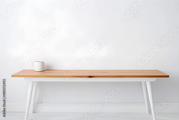 Fototapeta Wooden table against a white wall for display purposes. High Quality Photo.