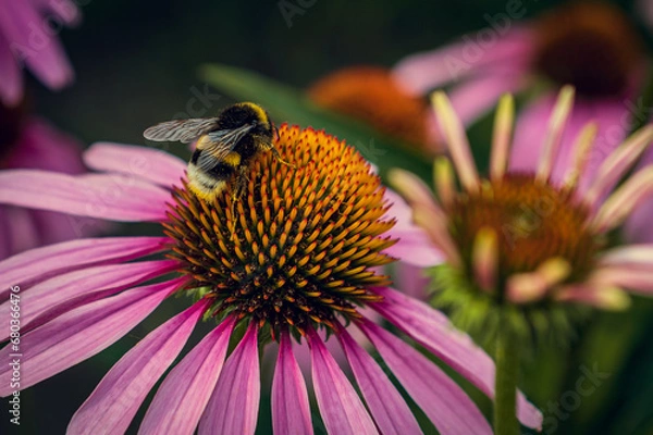 Obraz A bright textured bumblebee sits on a beautiful flower. A beautiful, bright flower on which sits a textured bumblebee.