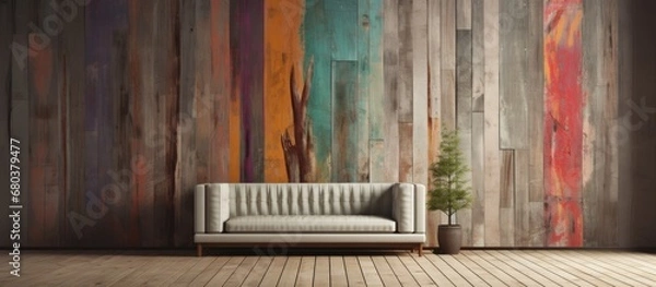 Fototapeta In a vintage-inspired room, an abstract design adorns the wall, its texture reminiscent of a weathered pine tree, adding a touch of retro charm to the natural beauty of the wooden floor and old wooden