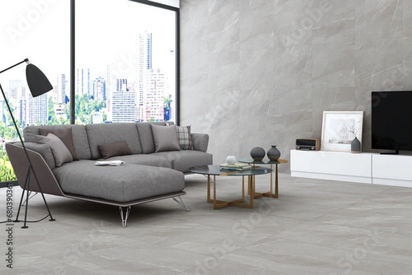 Fototapeta Dark living room interior with empty white poster, grey sofa, armchairs, coffee table and panoramic window wall to nice view. Concept of minimalist design. 3D Rendering