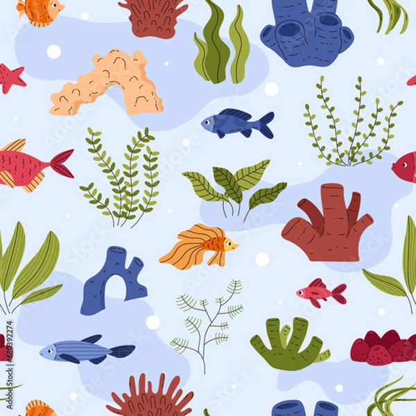 Fototapeta Aquarium or marine underwater seamless pattern, vector illustrations