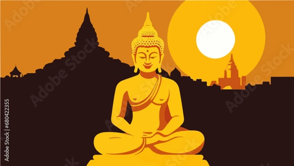 Fototapeta The image is a vector illustration of Thailand, featuring a cityscape with a Thai Buddha. The image's color palette is dominated by golden tones, reminiscent of a sunset. The overall atmosphere of the