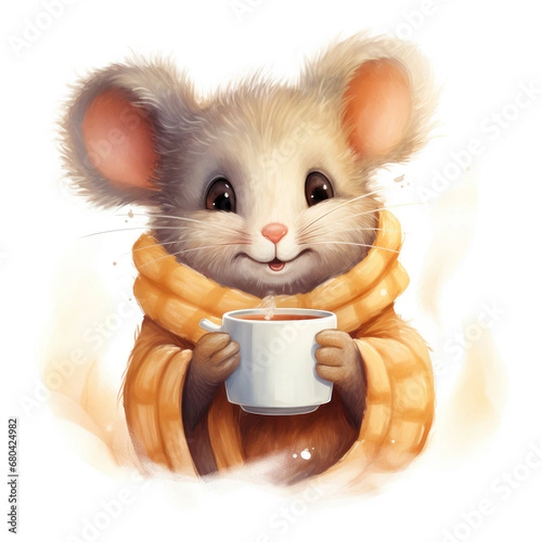 Fototapeta Cute mouse with a scarf and tea. Christmas atmosphere . Generative AI