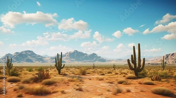 Fototapeta desert landscape photo with cactus, with sunny weather background. generative ai